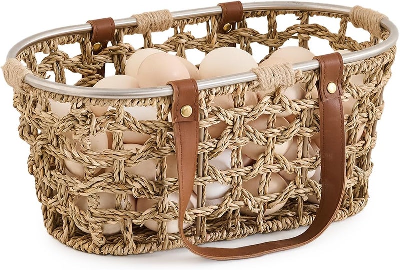 LGENHOOM Farmhouse Seagrass Egg Baskets for Collecting Fresh Eggs Handmade Egg Collecting Basket Wicker Oval Storage Basket for Picnic, Harvest, Vegetable - Image 1